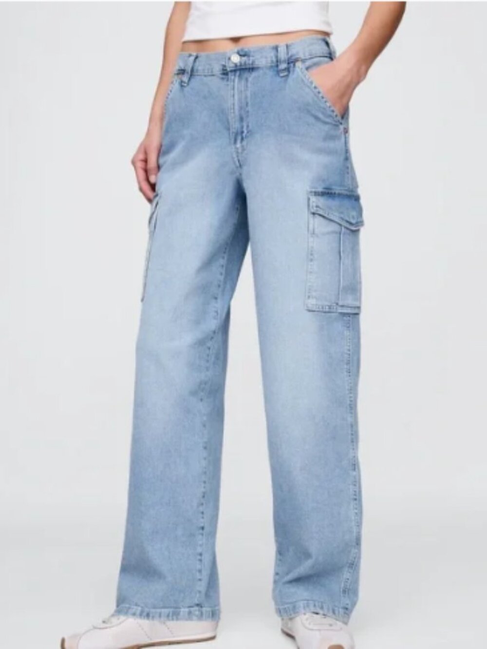GAP 90s Loose Cargo Mid Rise Jeans Light Wash Organic Cotton Size 32 14